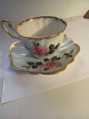 Clarence Bone China Pink Rose Cup and Saucer Set Gold Gilt Edge Made in England
